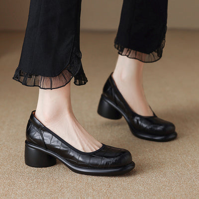 Retro Leather Round Toe Shallow Chunky Slip-On Shoes