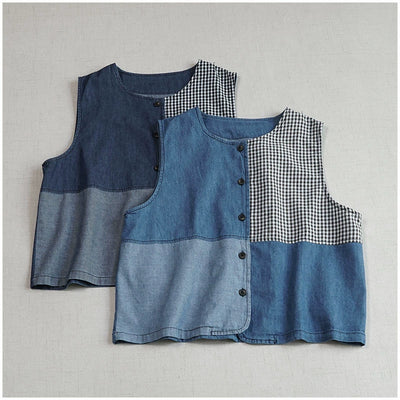 Babakud Retro Summer Denin Patchwork Plaid Sleeveless Top