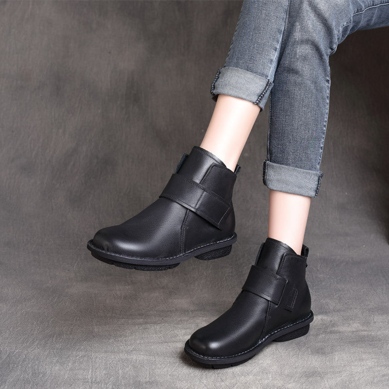 Women Minimalist Vintage Leather Velcro Soft Sole Short Boots
