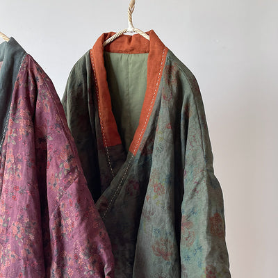 Women Vintage Floral Printed Warm Padded Linen Coats