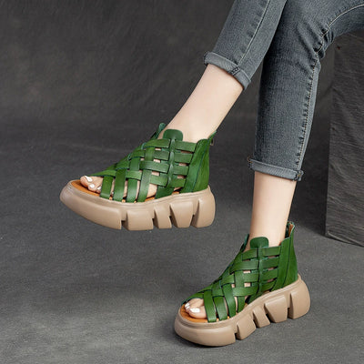Babakud Retro Leather Breathable Woven Open Toe Platform Sandals