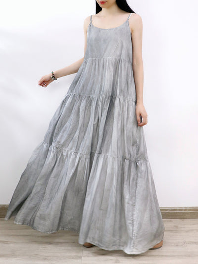 Babakud Summer Gray Tie-Dye Spaghetti Strap Wide Hemline Dress