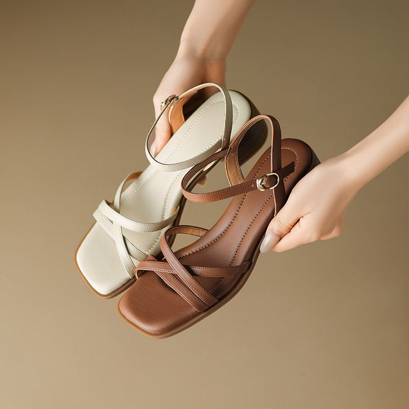 Babakud Retro Genuine Leather Open Toe Chunky Woven Sandals