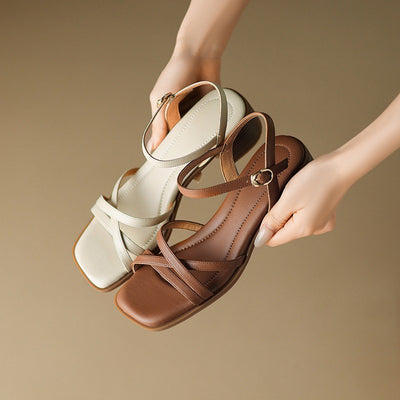 Babakud Retro Genuine Leather Open Toe Chunky Woven Sandals