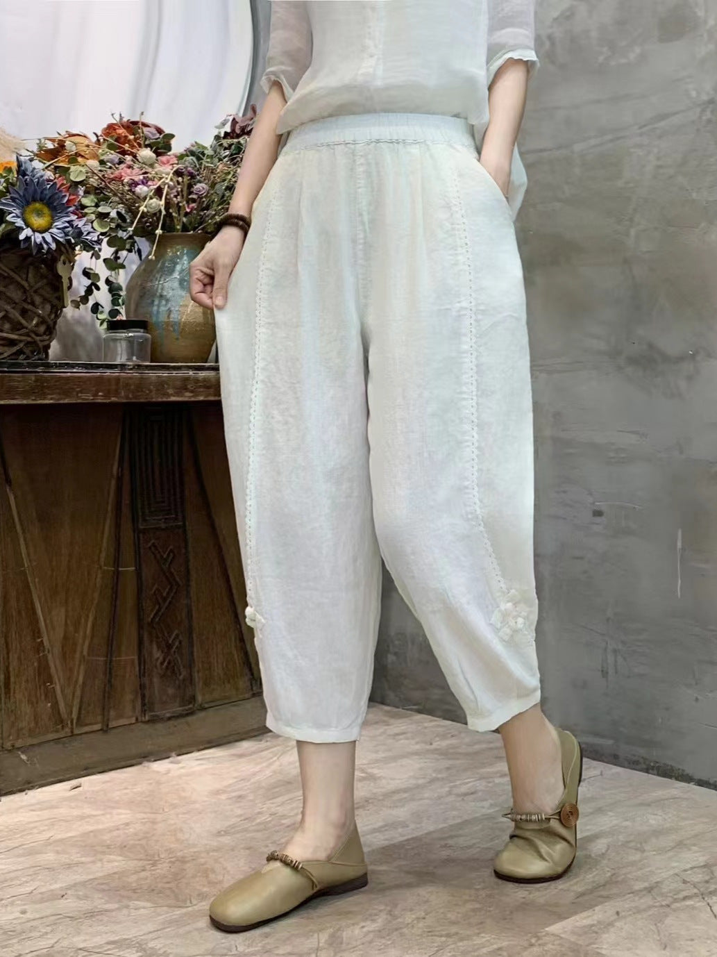 Babakud Summer Retro Linen Elastic Waist Harem Pants