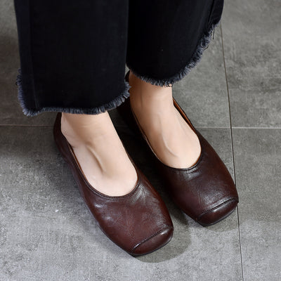 Women Retro Comfortable Square Toe Cowhide Flat Shoes Loafers