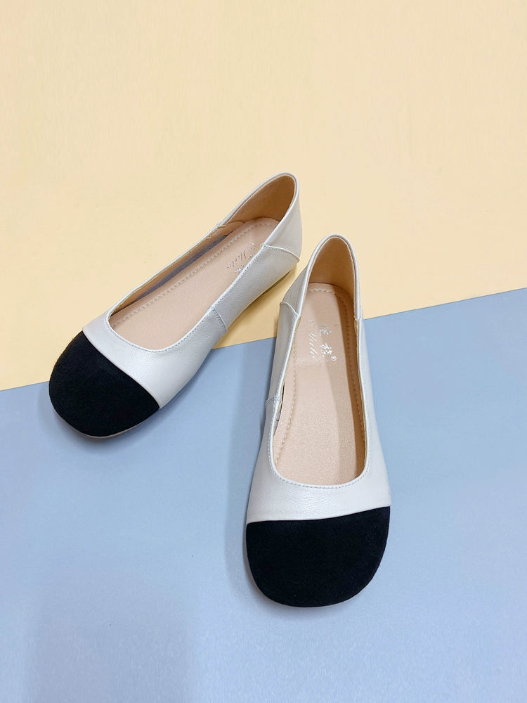 Women Spring Leather Wide Round Toe Patchwork Soft Sole Flats