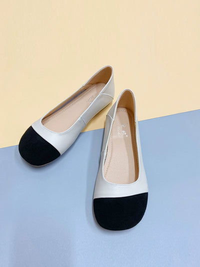 Women Spring Leather Wide Round Toe Patchwork Soft Sole Flats