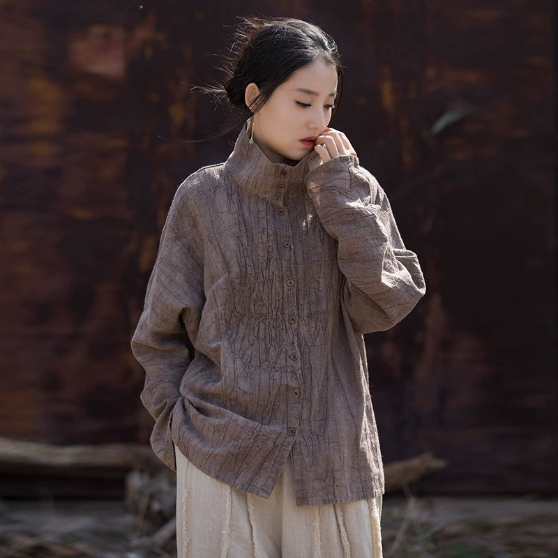 Autumn Ramie Cotton Loose Versatile Stand Collar Shirt