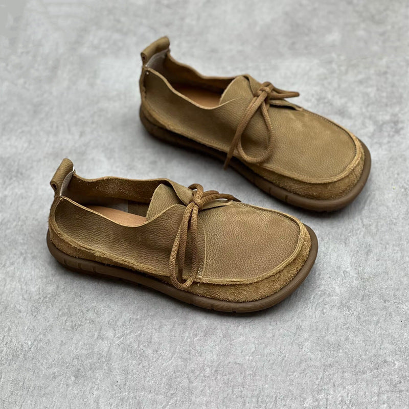 Ladies Retro Handmade Genuine Leather Lace-Up Suede Flats