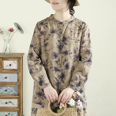 Women Spring Vintage Printed Floral Ramie Blouse