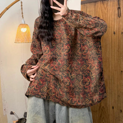 Women Spring Retro Cotton Printed Floral Casual Loose Shirt
