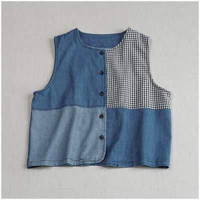 Babakud Retro Summer Denin Patchwork Plaid Sleeveless Top