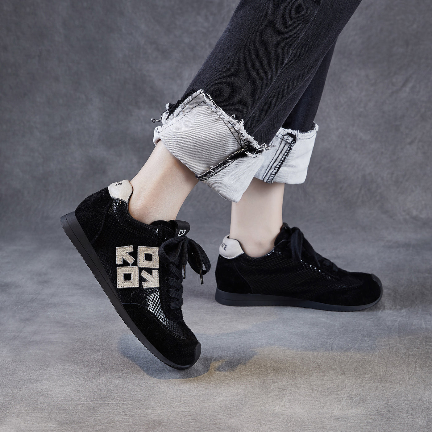 Women Retro Genuine Leather Casual Mesh Sports Sneakers