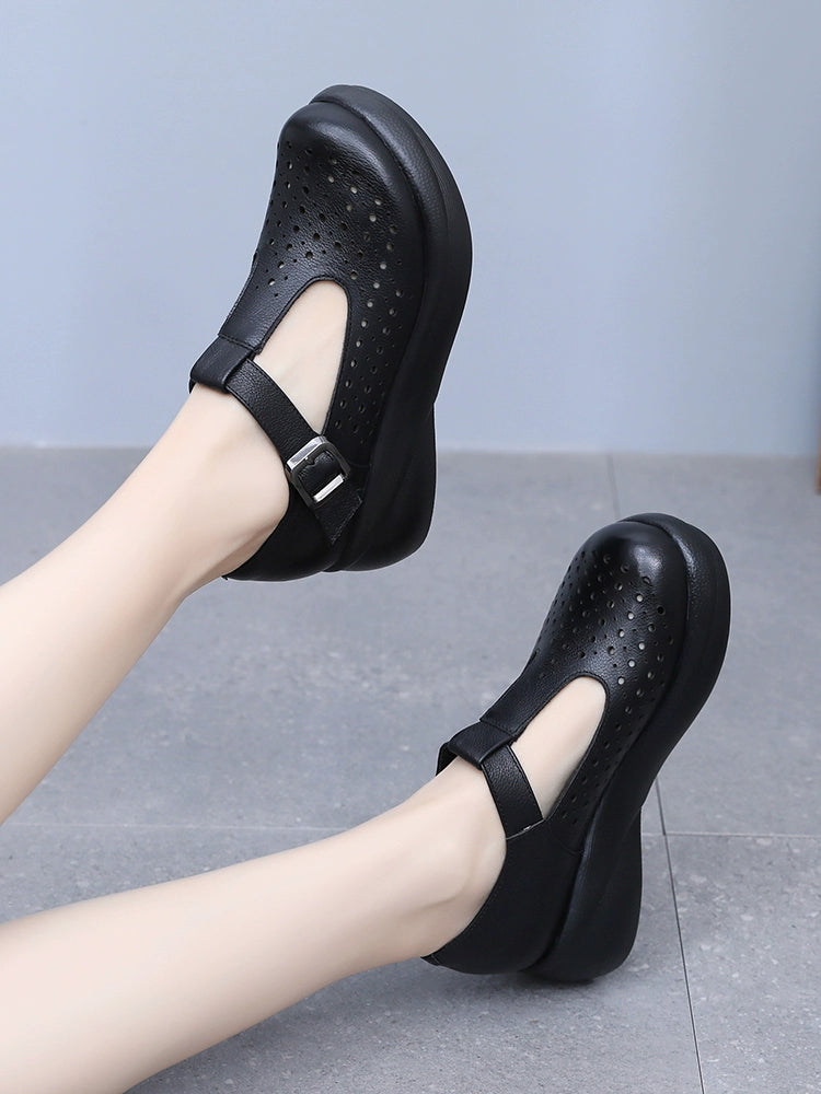 Women Summer Retro Leather Hollow Platform Sandals