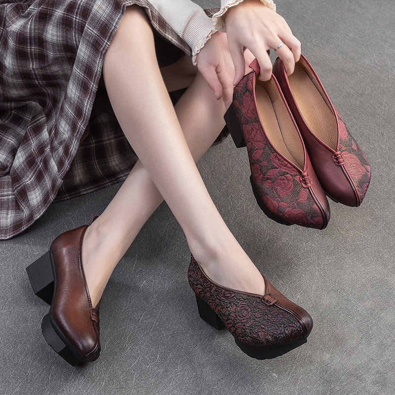 Ladies Vintage Floral Embossed Leather Block Heel Shoes