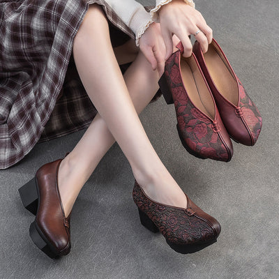 Ladies Vintage Floral Embossed Leather Block Heel Shoes