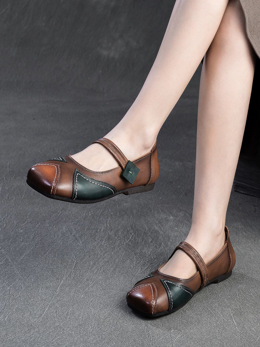 Top Genuine Leather Retro Color Block Soft Sole Flats Shoes