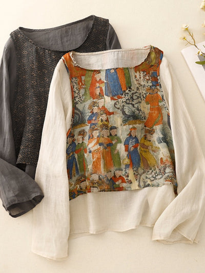 Women Spring Vintage Ramie Printed Long Sleeve Shirt