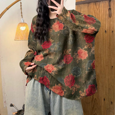 Women Spring Retro Cotton Printed Floral Casual Loose Shirt