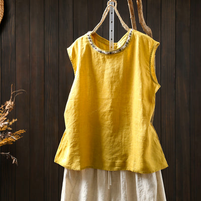 Women Summer Cool Linen Round Neck Sleeveless Tank Top