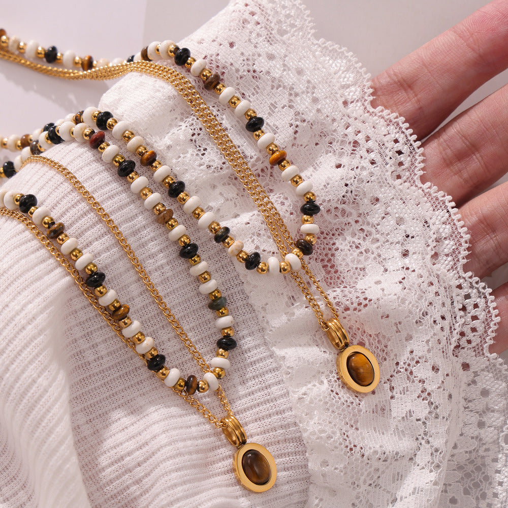 Layered Beaded Necklace Tiger Eye Pendant Titanium Choker Chain