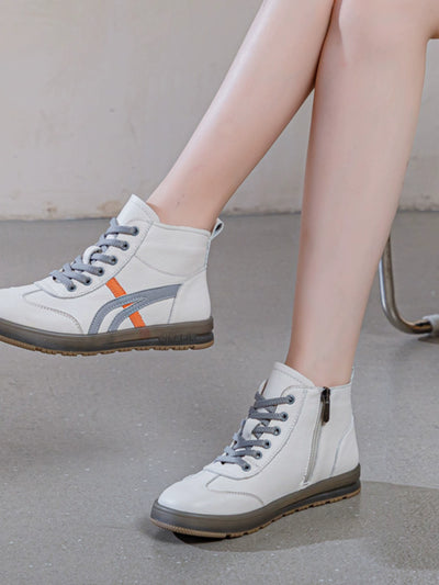 Women Casual Leather Patchwork Sports Lace-Up Boots