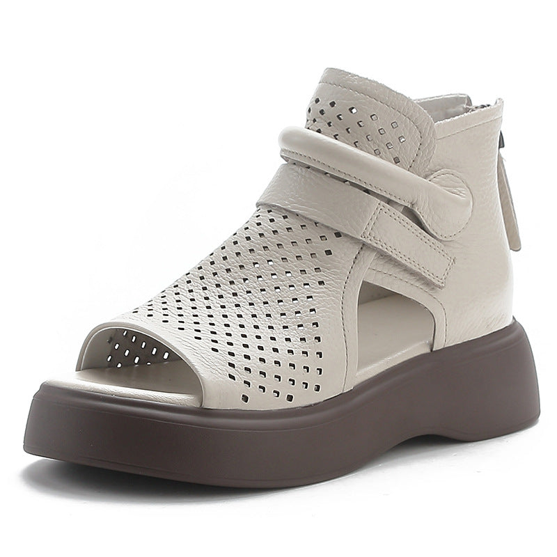 Women Retro Summer Genuine Leather Hollow Peep Toe Sandals
