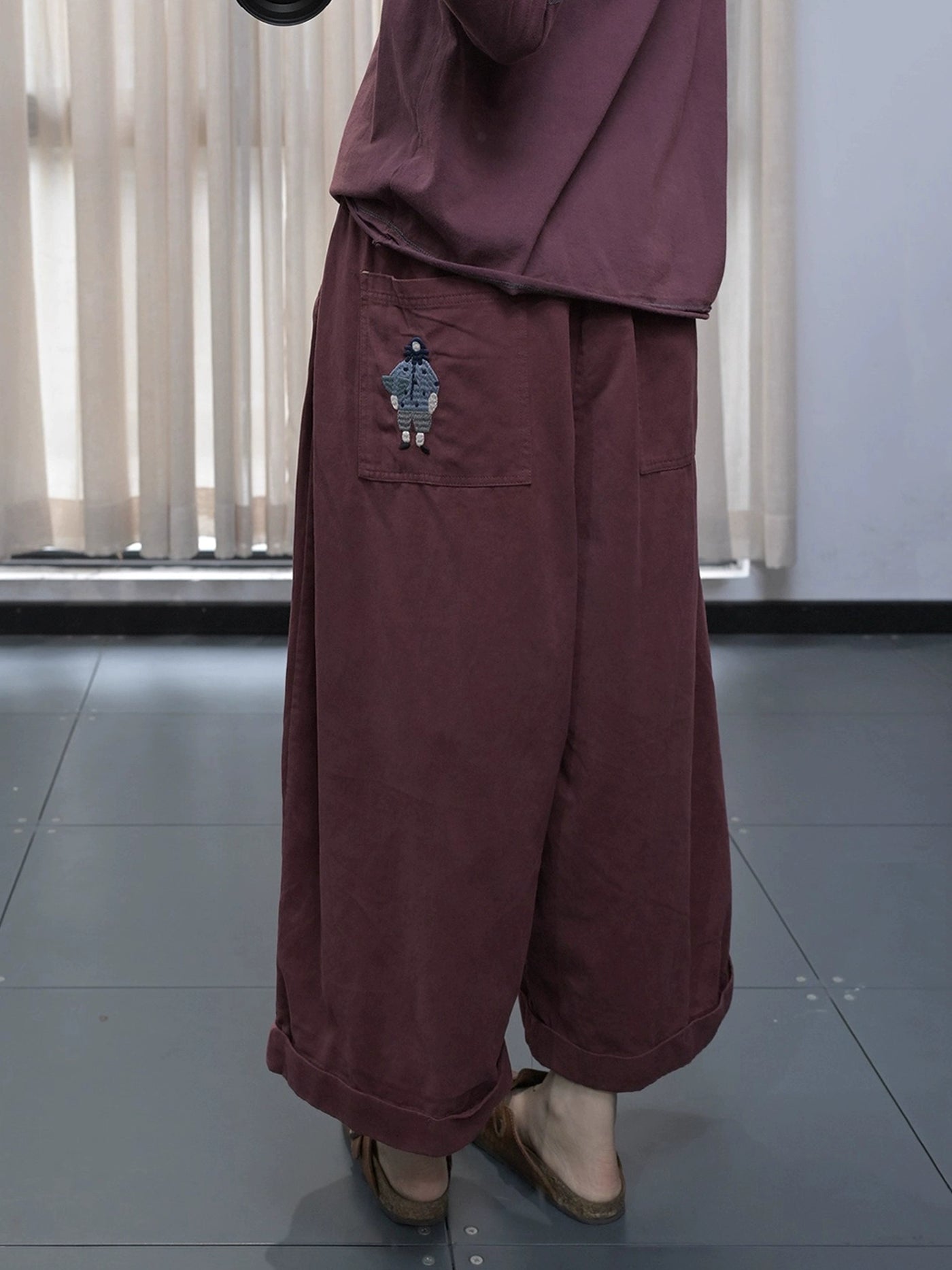 Autumn Cotton Loose Embroidered Elastic Waist Plus Size Pants