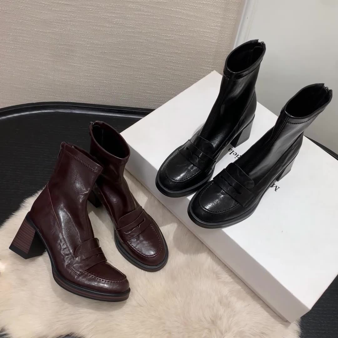 Women Elegant Sheepskin Leather Chunky Zipper Mid-Calf Boots