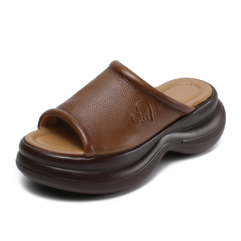 Babakud Summer Retro Leather Peep Toe Chunky Sole Sandals Slippers