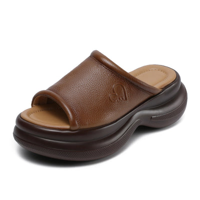 Babakud Summer Retro Leather Peep Toe Chunky Sole Sandals Slippers