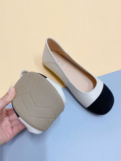 Women Spring Leather Wide Round Toe Patchwork Soft Sole Flats