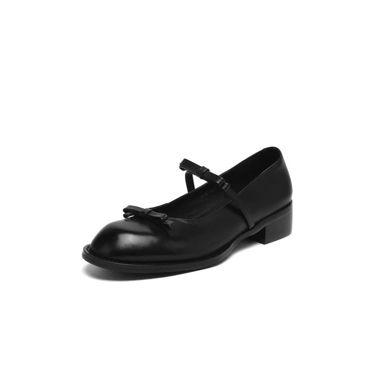 Women Retro Leather Chunky Round Toe One Straped Shoes