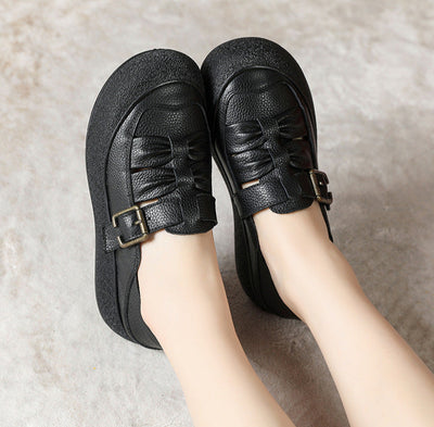 Women Fashion Genuine Leather Ruched Buckled Casual Shoes