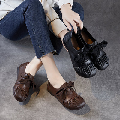 Women Retro Top Leather Closed Toe Lace-Up Flat Shoes