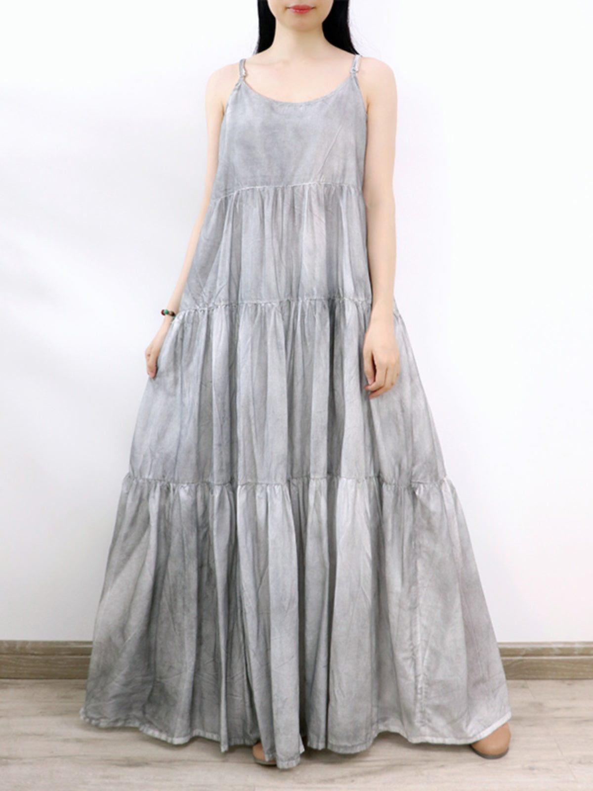 Babakud Summer Gray Tie-Dye Spaghetti Strap Wide Hemline Dress