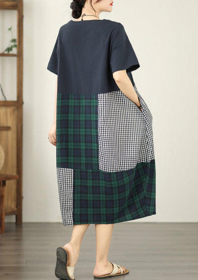 Loose Trendy Retro Short Sleeves Color Block Plaid Cotton Dresses