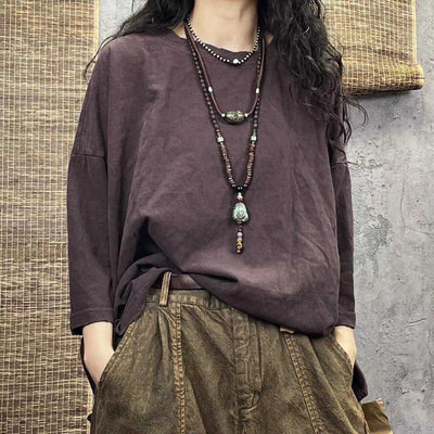 Babakud Women Retro Comfy Linen 3/4 Sleeves Loose T-shirt