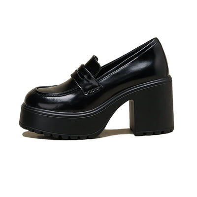 Women Retro Microfiber Platform Loafer Slip-On High Heel Shoes
