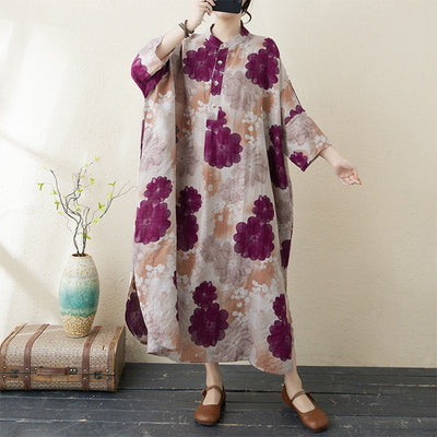 Women Spring Retro Cotton-Linen Printed Blossom Maxi Dress