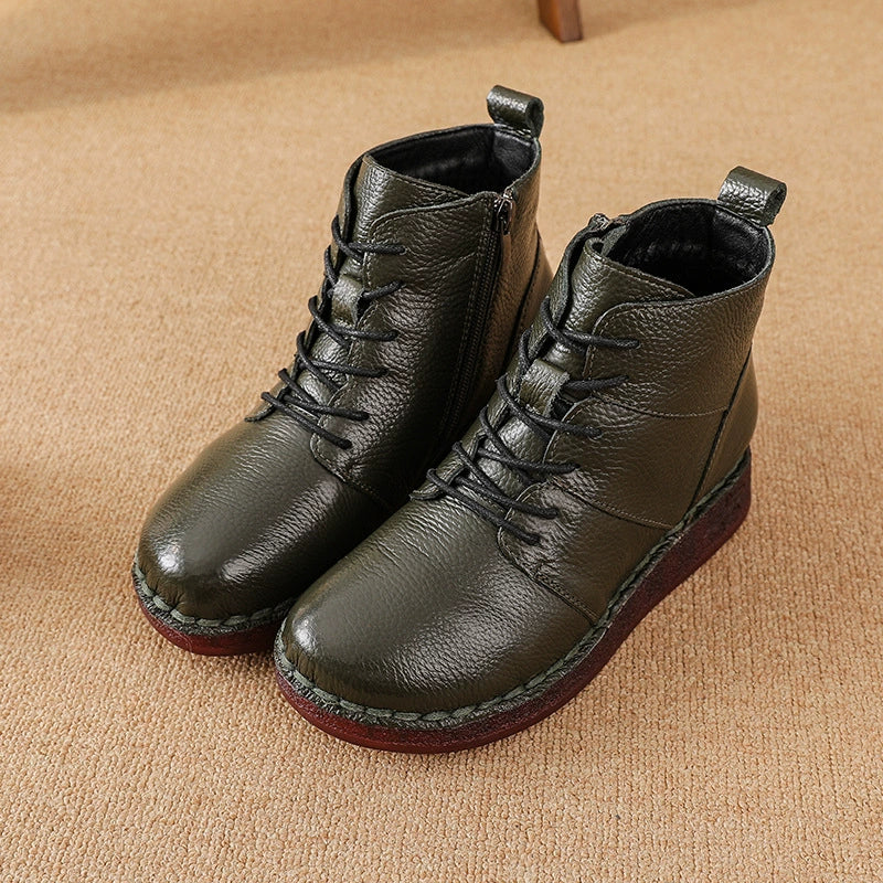 Winter Vintage Top Leather Wide Toe Lace-Up Fleece-In Boots