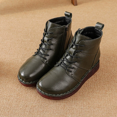 Winter Vintage Top Leather Wide Toe Lace-Up Fleece-In Boots