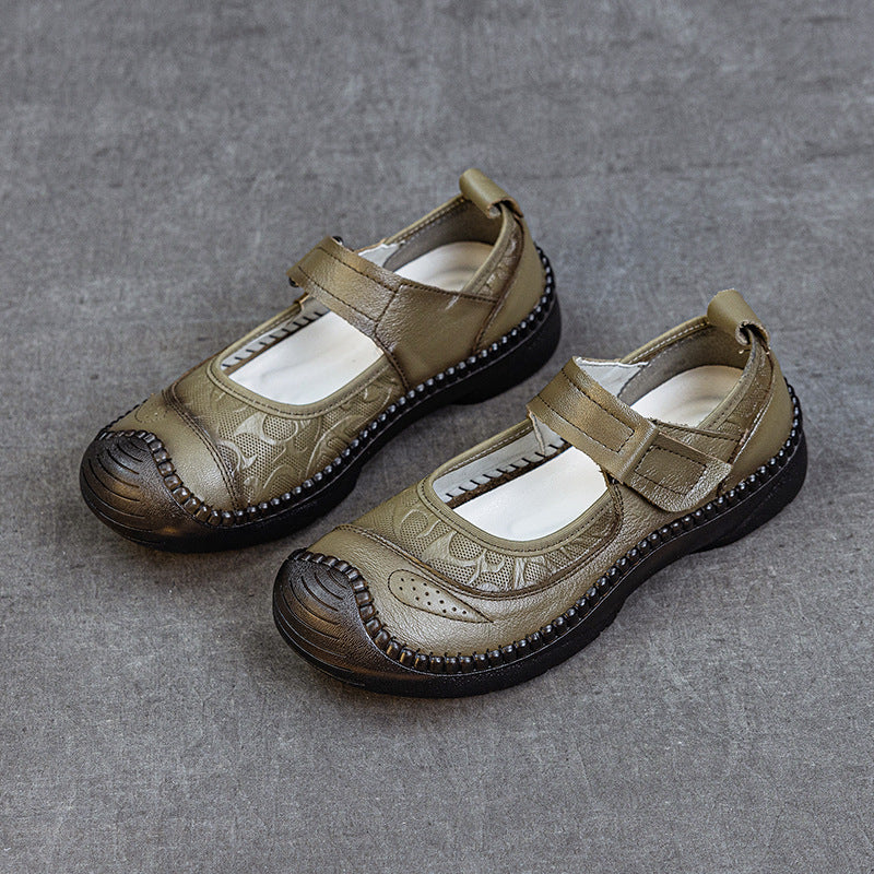 Casual Leather Soft Sole Wide Round Toe One Straped Shoes