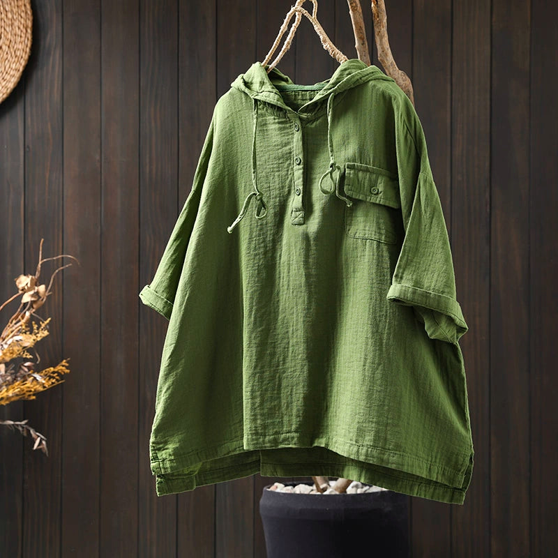 Women Spring Vintage Cotton Hooded Short-Sleeve Pullover Shirt