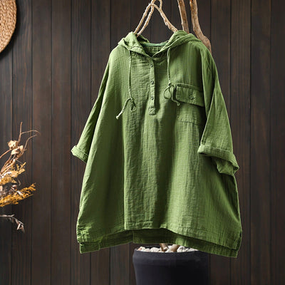Women Spring Vintage Cotton Hooded Short-Sleeve Pullover Shirt