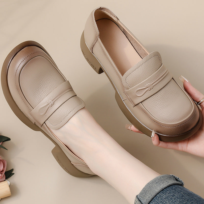 Women Retro Genuine Leather Mid Heel Thick Sole Platform Loafers