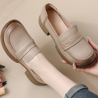 Women Retro Genuine Leather Mid Heel Thick Sole Platform Loafers