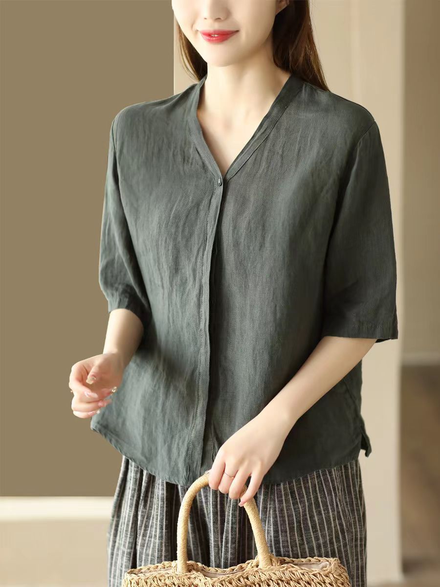 Babakud Summer Retro Casual Stonewashed V-Neck Shirt