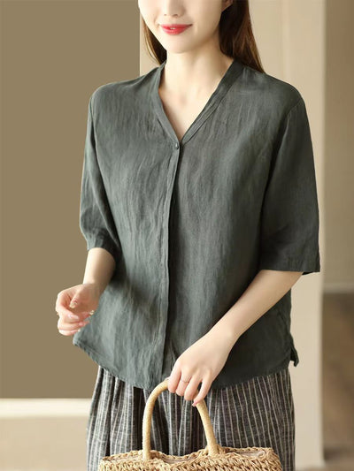 Babakud Summer Retro Casual Stonewashed V-Neck Shirt